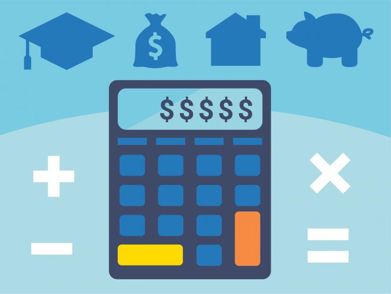 Calculadora financiera de mano, con símbolos para una gorra de graduación, una bolsa de dinero, una casa y una alcancía