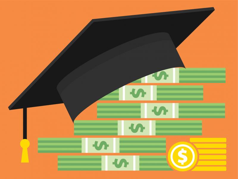 Graduation cap sitting on a pile of money, symbolizing planning pays off 